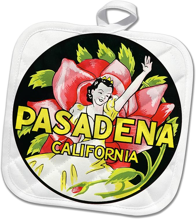 3D Rose PHL_180218_1 Pasadena California Woman in Front of Red Flower Luggage Label Pot Holder, 8 by 8"