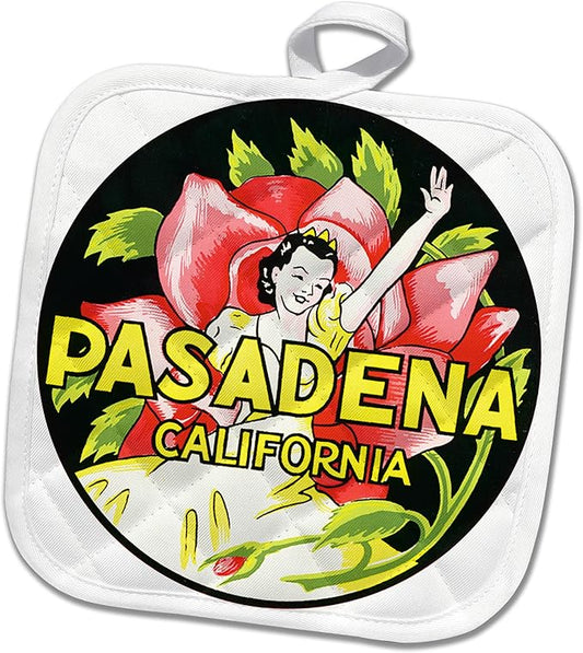 3D Rose PHL_180218_1 Pasadena California Woman in Front of Red Flower Luggage Label Pot Holder, 8 by 8"