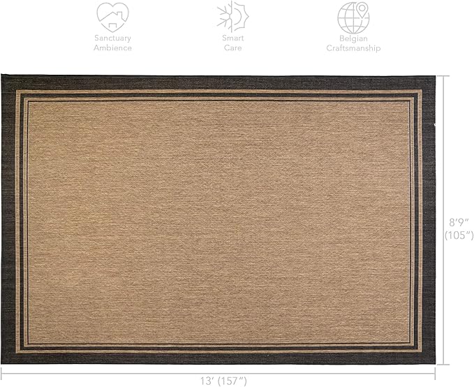Gertmenian Indoor/Outdoor Flatweave Area Rug - 9x13 Extra Large, Stain & UV Resistant, Ideal For Deck, Patio, Poolside, Mudroom - Simple Border, Black/Tan, 22012