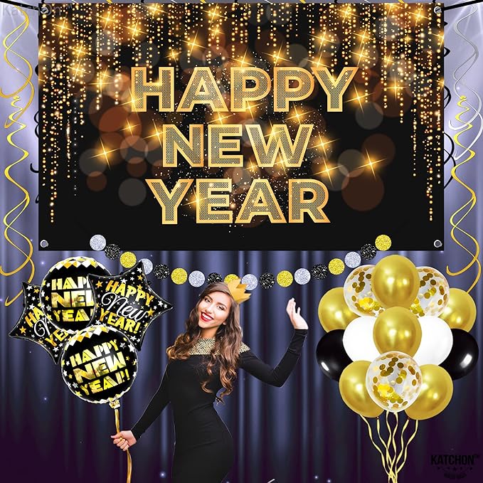 KatchOn, Black and Gold New Years Decorations 2026 - Huge Pack of 50 | New Year Banner and New Year Balloons for New Years Eve Party Supplies 2026