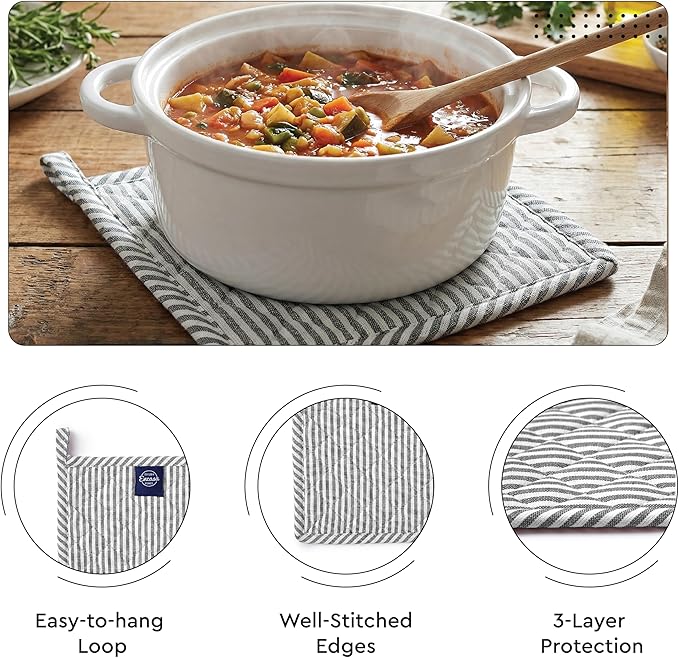 Encasa XO Heat Resistant 100% Cotton Oven Glove & Potholder Set with Loop, Kitchen Cooking Mittens, Microwave Safe Hot Pads (Ticking Black)