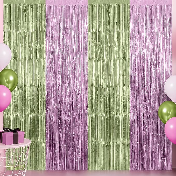 KatchOn, Sage Green & Pink Fringe Backdrop Curtain - Pack of 2 | Fringe Curtains for Boho Birthday Engagement Anniversary Baby Shower Bachelorette Decorations Sage Green and Pink Party Decorations