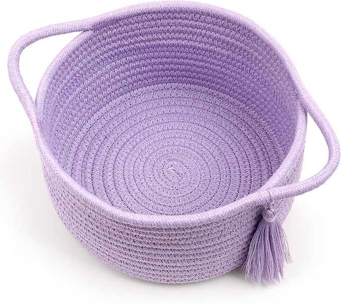 Small Purple Basket, Cute Woven Gift baskets Empty with Cellophane Wrap set for Girl, Decorative Cotton Rope violet Container Bin, Little Makeup Holder for Bathroom, Vanity, Cosmetics – lavender