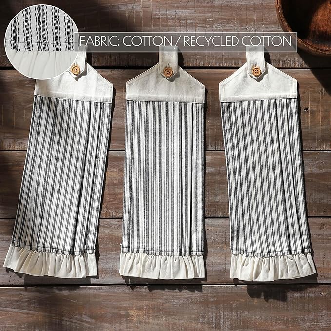 VHC Brands Cotton Sawyer Mill Ticking Stripe Button Loop Kitchen Towel Set of 3, Hanging, Pleated, Bath, Kitchen, Sawyer Mill Black Collection, Country