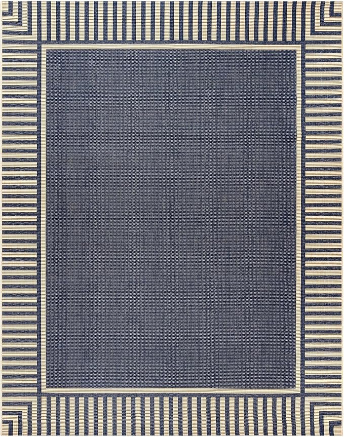 Gertmenian Indoor/Outdoor Flatweave Area Rug - 9x13 Extra Large, Stain & UV Resistant, Ideal for Deck, Patio, Poolside, Mudroom - Klano Striped Navy, Sand, 25418
