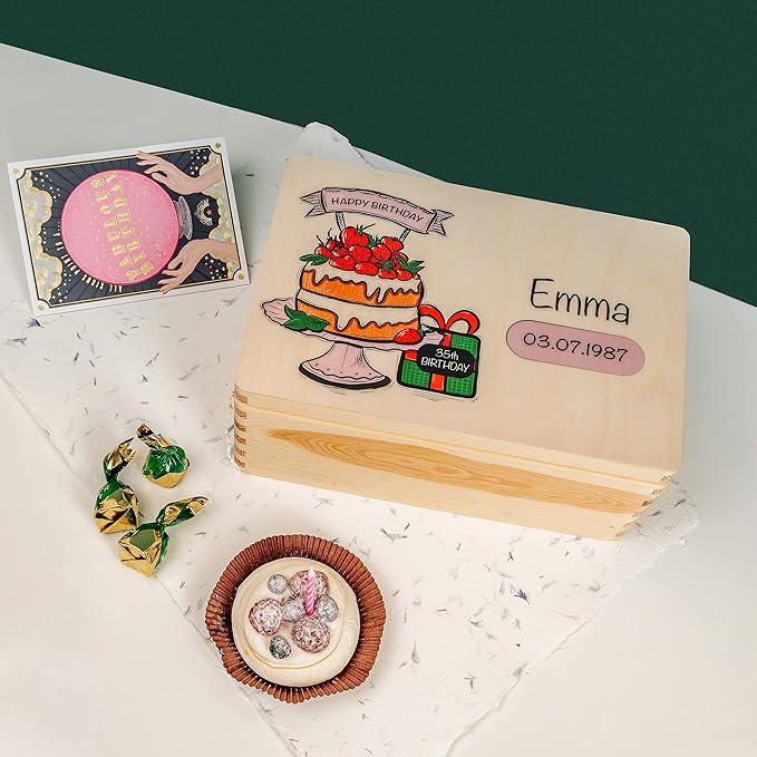 Creative Deco Personalized Wooden Storage Box Birthday Cake | 11.8x7.87x5.51in (+-0.5) | Multiple Choice | Hinged Lid Handles & Engraving | Birthday Gift Box | Rough UNSANDED Keepsake Memory Souvenir