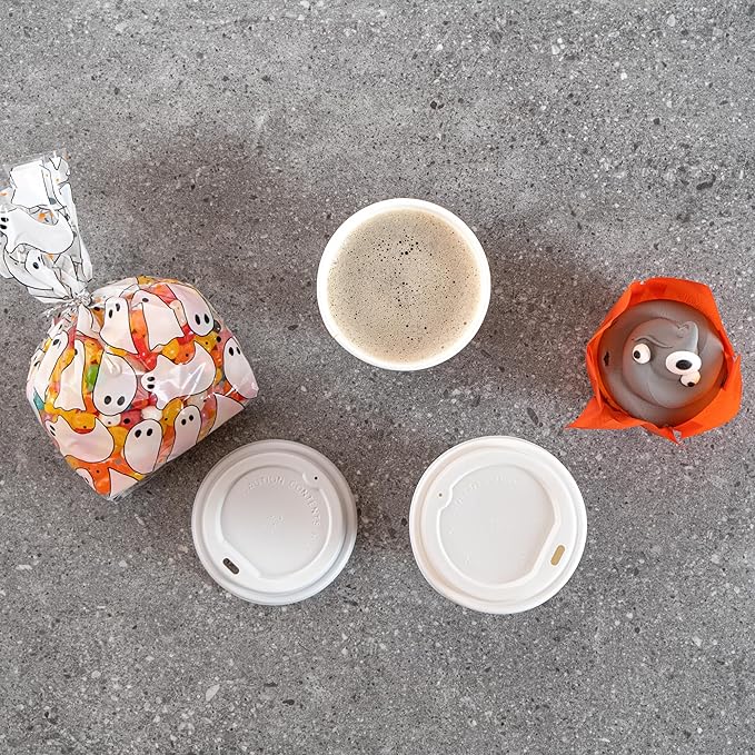 Restaurantware-Restpresso 12 Ounce Halloween Party Cups, 20 Disposable Hot Cups With Plastic Lids - Spooky Ghost Design, Rolled Rim, Black Paper Coffee Cups, Single Wall, Serve Hot And Cold Drinks
