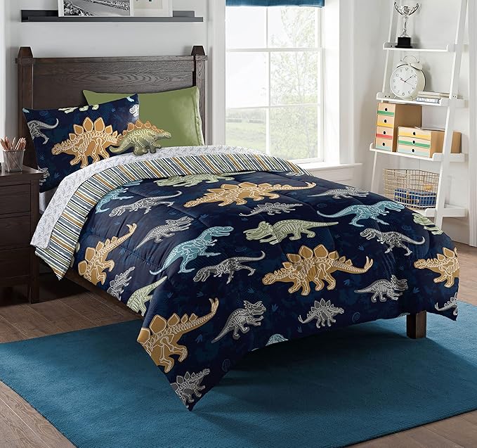 Northwest Classics Twin Sized Dino Discovery Glow-in-The-Dark 6-Piece Bed in a Bag Set, All Seasons Bedding for Girls and Boys, Comforter, Flat Sheet, Fitted Sheet, Pillowcase, Pillow, Sham