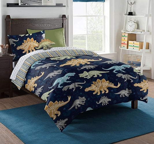 Northwest Classics Twin Sized Dino Discovery Glow-in-The-Dark 6-Piece Bed in a Bag Set, All Seasons Bedding for Girls and Boys, Comforter, Flat Sheet, Fitted Sheet, Pillowcase, Pillow, Sham
