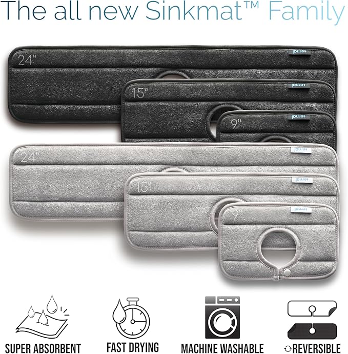 Ternal Original SINKMAT 24in XL Faucet Splash Guard Extra Long Microfiber Sink Drip Catcher Mat Non Slip Countertop Protector Drying Pad Kitchen Bathroom RV Machine Washable [Black]