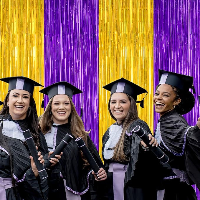 2 Pack Graduation Backdrop, 3.28 FT x 7.05 FT Grad Party Decorations 2026, Purple Gold Backdrop Foil Fringe Curtains, Metallic Purple and Gold Graduation Decorations Class of 2026 Decor