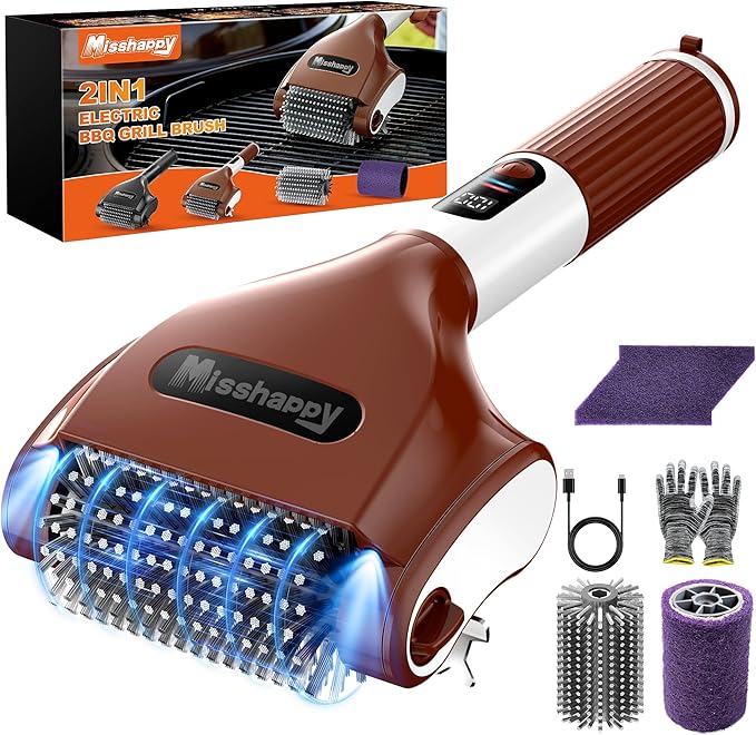 Electric Grill Brush - 4000mAh Cordless BBQ Grill Cleaner 2 Speed - 800RPM Bristle Free BBQ Grill Cleaner Tool Rechargeable with Scraper/LED Light/LED Display for Outdoor/Camping (Brown)