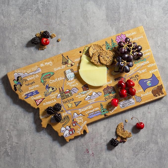 Totally Bamboo Montana State Shaped Cutting Board and Charcuterie Serving Platter with Artwork by Fish Kiss, Includes Hang Tie for Wall Display