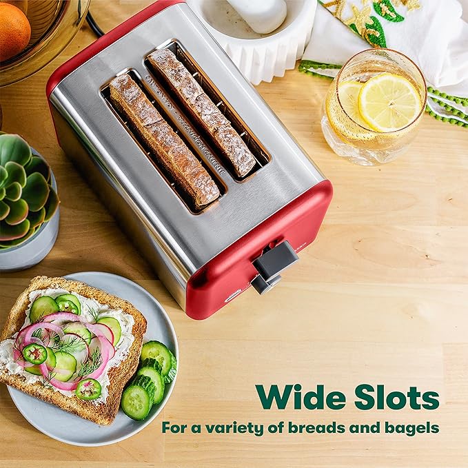 BELLA 2 Slice Toaster, Quick & Even Results Every Time, Wide Slots Fit Any Size Bread Like Bagels or Texas Toast, Drop-Down Crumb Tray for Easy Clean Up, Stainless Steel and Red