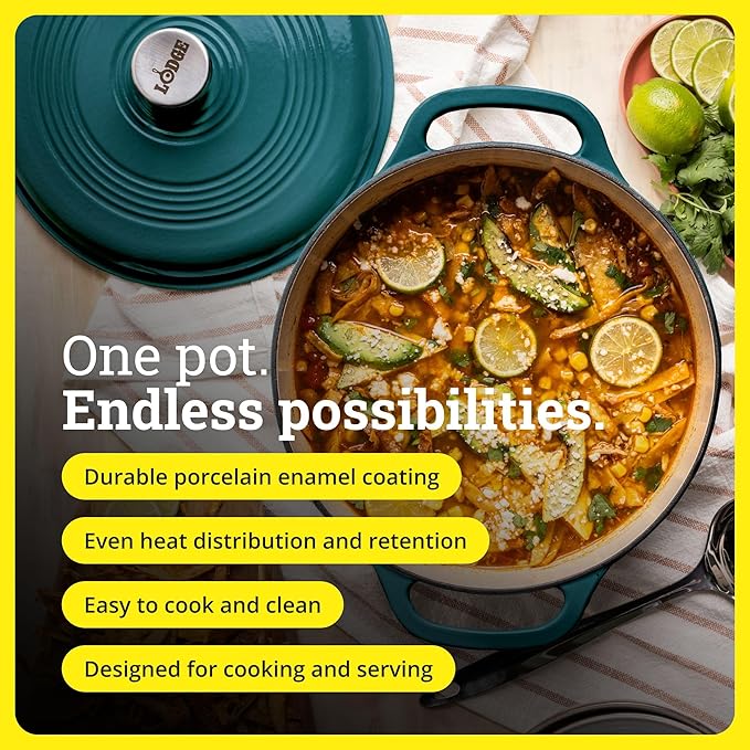 Lodge Essential Enamel Cast Iron Dutch Oven - Perfect for Bread Baking, Braising, Marinating & Slow Cooking - Features Moisture-Sealing Lid & Dual Handles - Kitchen Essentials - 6 Quarts - Lagoon