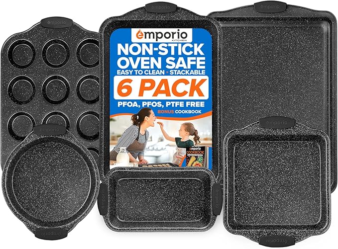 Emporio Kitchen Baking Pan Set - Nonstick Coating, Carbon Steel Bakeware Sets with Gray Silicone Handles, PFOA, PFOS, PTFE Free, Recipe Booklet Included, Oven Safe Tray (Up To 450° F), Set of 6 - Gray