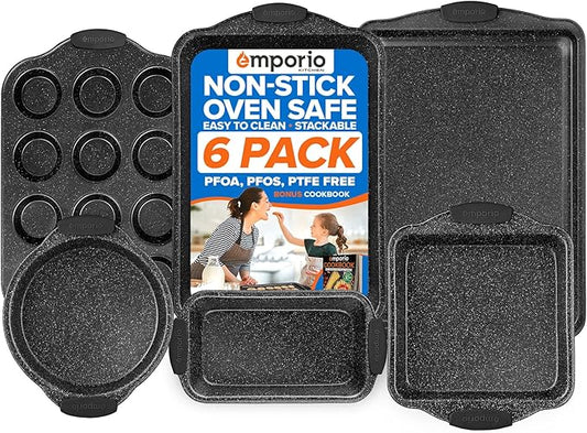 Emporio Kitchen Baking Pan Set - Nonstick Coating, Carbon Steel Bakeware Sets with Gray Silicone Handles, PFOA, PFOS, PTFE Free, Recipe Booklet Included, Oven Safe Tray (Up To 450° F), Set of 6 - Gray