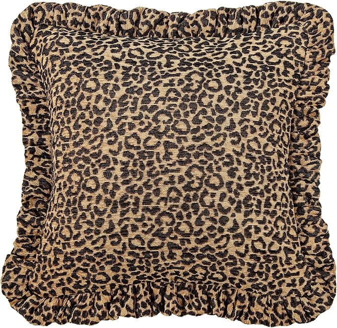 HiEnd Accents Adrienne Ruffled Throw Pillow, 18x18 inch, Gold Black Leopard Chenille Pillow, Animal Print Modern Rustic Decorative Pillows for Bed, Couch, Sofa