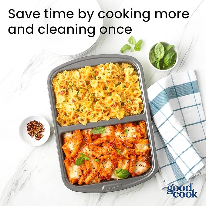 GoodCook Everyday Divided Baking Pan 1.5-Inch Deep 2-Section Non-Stick Scratch-Resistant Carbon Steel Construction for Meal Prepping & Sheet Pan Dinners, 11x15-Inch, Gray