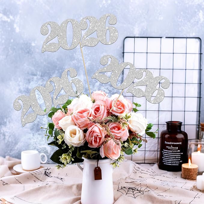 12pcs Silver 2026 Number Theme Centerpiece Sticks Glitter 2026 Graduation Centerpieces for Table New Year Eve Party Table Decorations for Hello 2026 Christmas Party Supplies