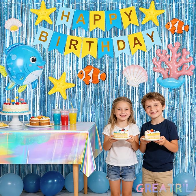Blue Tinsel Curtain Party Backdrop - GREATRIL Foil Curtain Party Photo Streamers Backdrop for Frozen/Mermaid/Under Sea/Baby Party Decorations - Pack of 2
