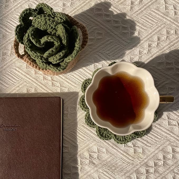 DICHA Crochet Leaf Pot Coasters-Container Beverage Coaster Sets with Holder Bar Coasters for Drinks Coffee Table Desk-Succulent Plant Pot Coaster-Set of 5