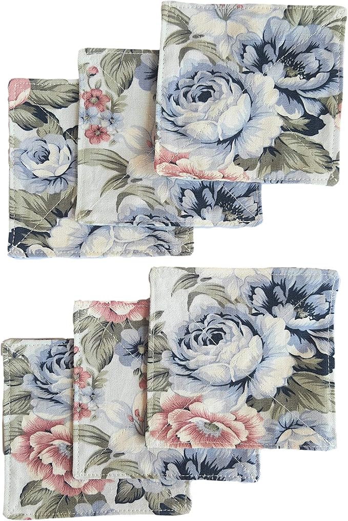 CUSHYSTORE 2 Layers Coasters Saucers Canvas Floral Botanical Fabric 4", 6 Pack - Blue Rose Garden