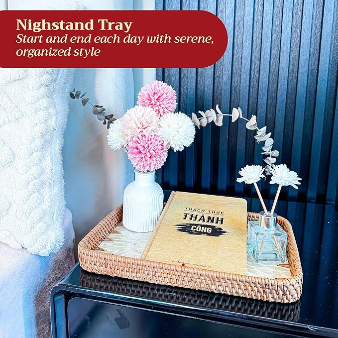 Rattan Rectangle Tray with Mother of Pearl Inlay – Unique Decorative Rattan Serving Tray for Coffee Table, Bathroom Vanity, Perfume & Nightstand – Ideals for Housewarming (White 11.8")