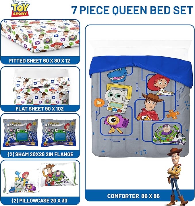 Jay Franco Kids Comforter Set Includes Sheets and Pillow Covers - Soft and Cozy Bed Set for Stylish Room Decor, Official Licensed Bedding, Grey - Toy Story, 7 Piece Queen