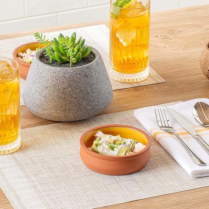 Restaurantware-Terra Tek 8.5 Ounce Terracotta Cazuelas, 2 Yellow Glazed Clay Pots For Cooking - Oven-Ready, Microwavable, Terracotta Serving Pots, Dishwashable, For Cooking And Serving