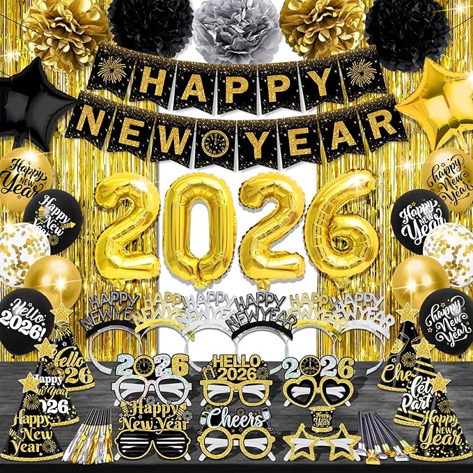 New Year Decorations 2026 - Black Gold Happy New Year Party Supplies Set include Banner, Balloons, Hats, Headbands, Glasses, Blowouts and Squawkers