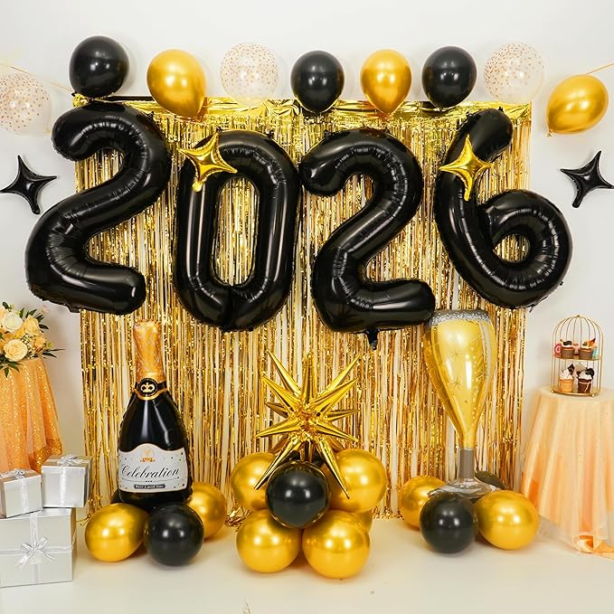 Black 2026 Balloons, 40 Inch Number 2026 Black Foil Balloons, Gold Black Star Balloon, Champagne Bottle Glass Balloon for Happy New Years Eve Party Supplies 2026 Class of 2026 Graduation Decorations