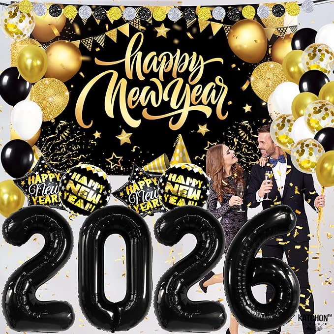KatchOn, New Years Eve Party Supplies 2026 Set - Pack of 42 | Black and Gold New Year Banner | New Year Foil Balloons | New Years Eve Balloon Arch Kit | Nye Decorations 2026 | New Years Eve Party Kit