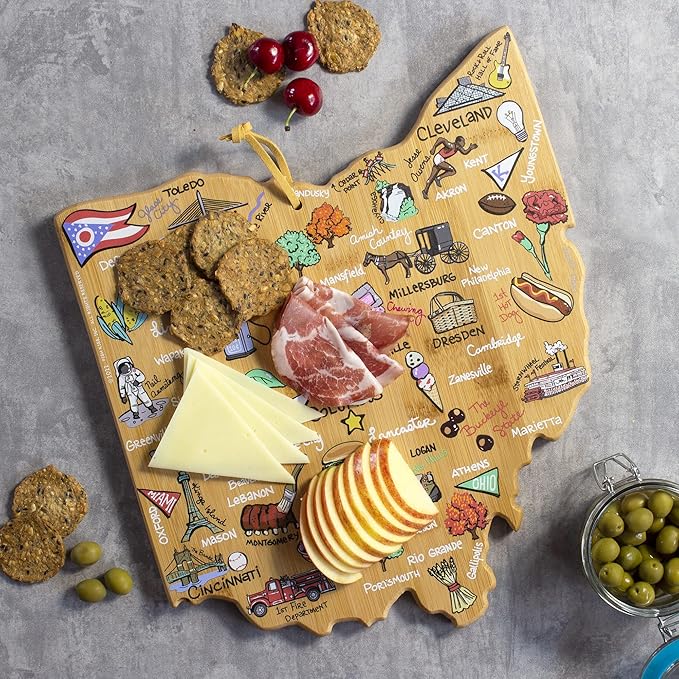 Totally Bamboo Ohio State Shaped Cutting Board and Charcuterie Serving Platter with Artwork by Fish Kiss, Includes Hang Tie for Wall Display