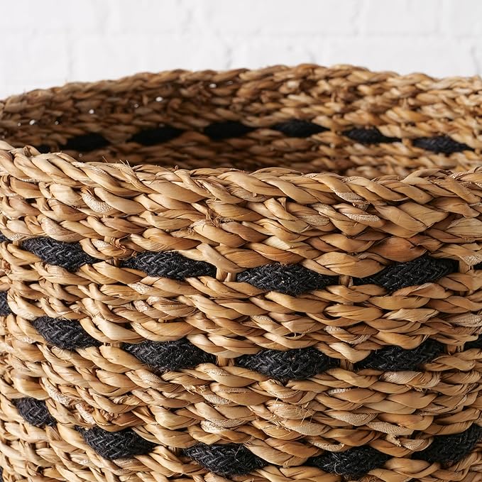 WHW Whole House Worlds Black Striped Seagrass and Jute Baskets, Round, Natural Chunky Sweater Weave, Set of 3, Made by Hand, from 9.75, 8.25, and 6.75 D Inches