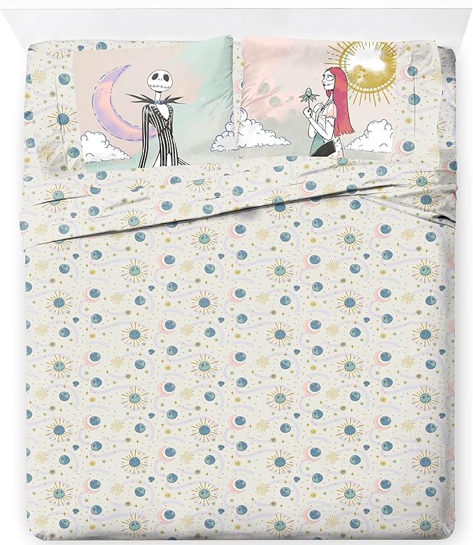 Jay Franco Sheet Set with Fitted, Flat Sheets & Pillow Cover - Ultra-Soft Bedding with Pillowcase for Room Decor, Beige - Nightmare Before Christmas, 4 Piece Queen