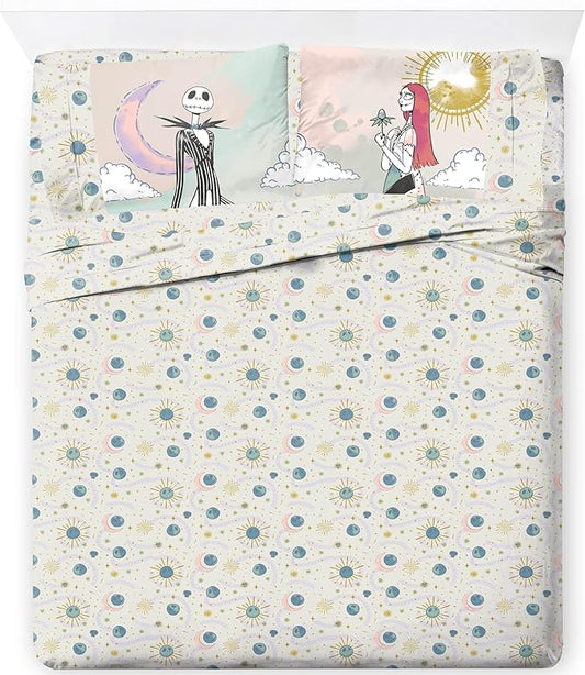 Jay Franco Sheet Set with Fitted, Flat Sheets & Pillow Cover - Ultra-Soft Bedding with Pillowcase for Room Decor, Beige - Nightmare Before Christmas, 4 Piece Queen