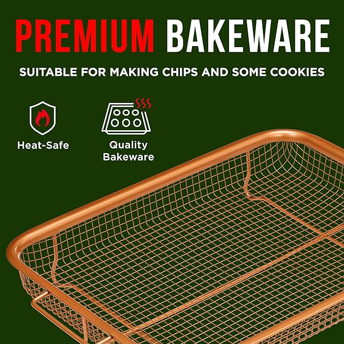 Bakken Swiss 2-in-1 Air Fryer Tray – Nonstick Copper Crisper Basket with Elevated Mesh, Extra-Large 9.5"x13", Ideal for Oven Baking & Crispy Foods, PTFE/PFOA/PFOS Free, Dishwasher Safe