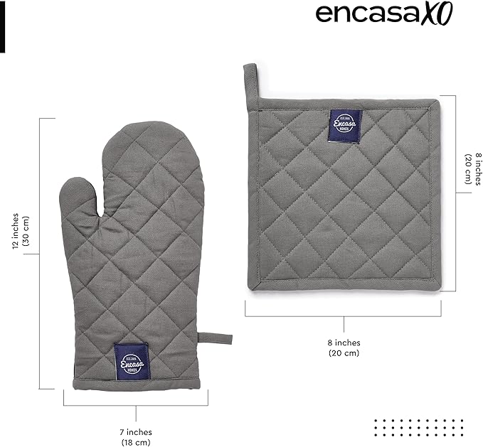 Encasa XO Heat Resistant 100% Cotton Oven Glove & Potholder Set with Loop, Kitchen Cooking Mittens, Microwave Safe Hot Pads (Grey)