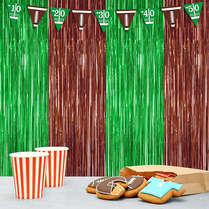 2 Pack Football Party Decorations, 3.28 FT x 7.05 FT Tinsel Backdrop, Brown Green Foil Fringe Curtains Metallic Party Streamer, Football Party Supplies Game Day Decorations 2026