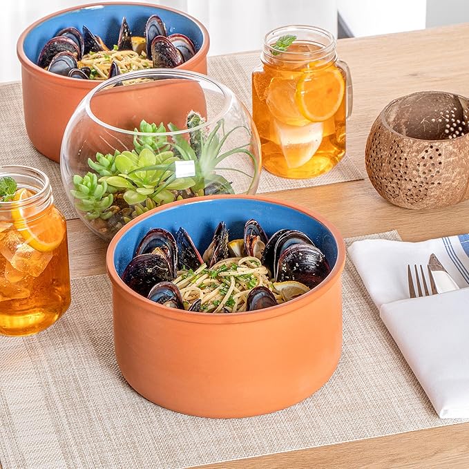 Restaurantware-Terra Tek 68 Ounce Terracotta Cazuelas, 2 Blue Glazed Clay Pots For Cooking - Oven-Ready, Microwavable, Terracotta Serving Pots, Dishwashable, For Cooking And Serving