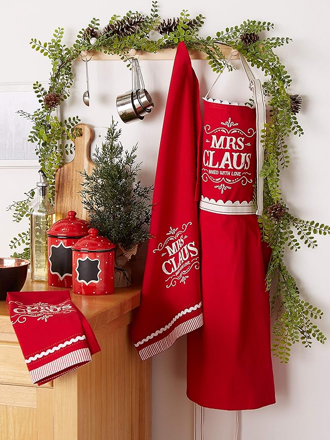 DII Christmas Kitchen Décor, Holiday Cooking & Baking Accessories Machine Washable Cotton, Apron/Dishtowel Set, Mrs. Claus Set, 3 Count