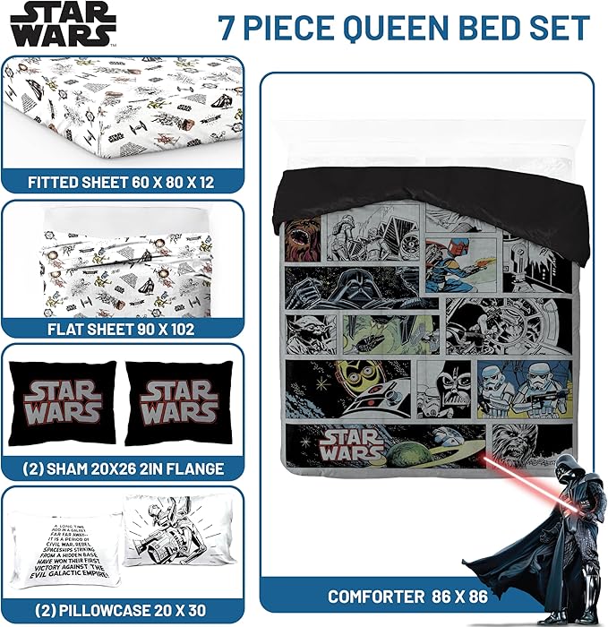Jay Franco Star Wars Comic Book Queen Size Comforter Set - 7 Piece Bedding Includes Sheet Set & Pillow Covers - Super Soft Cozy Kids Bedding