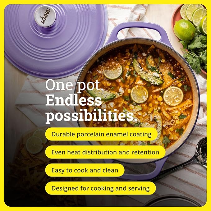 Lodge Essential Enamel Cast Iron Dutch Oven - Perfect for Bread Baking, Braising, Marinating & Slow Cooking - Features Moisture-Sealing Lid & Dual Handles - Kitchen Essentials - 6 Quarts - Lilac