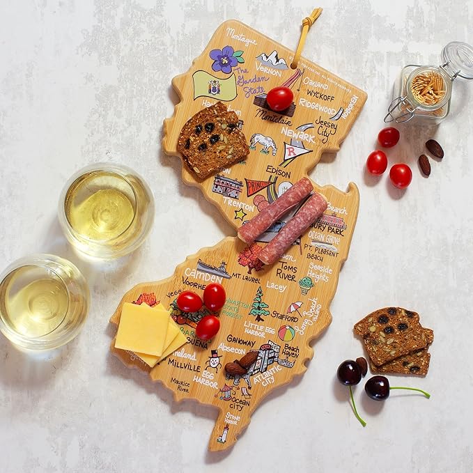 Totally Bamboo New Jersey State Shaped Cutting Board and Charcuterie Serving Platter with Artwork by Fish Kiss, Includes Hang Tie for Wall Display