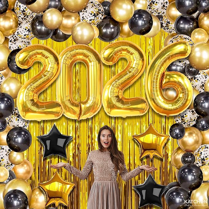 KatchOn, New Years Eve Party Supplies 2026 - Huge Set, Pack of 86 | Happy New Year Decorations 2026, NYE Decorations 2026 | Gold Fringe Curtain Backdrop with Black and Gold 2026 Balloon Arch Kit