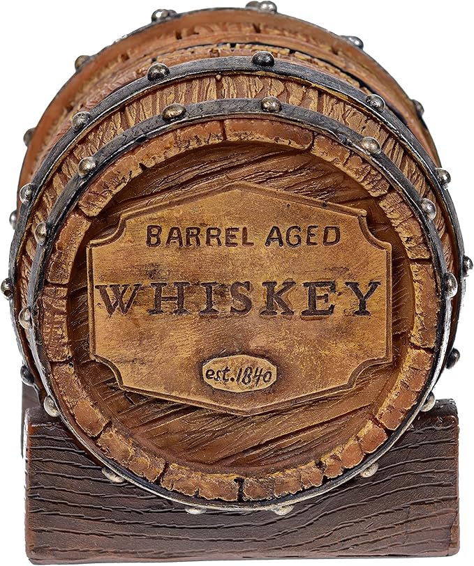 Pine Ridge 5pcs 1840 Aged Whiskey Barrel Drink Coaster Set with Holder - Rustic Bar Coasters for Whiskey Table & Bourbon Room - Unique Bar Accessories for Man Cave - Beer & Whiskey Glass Coaster