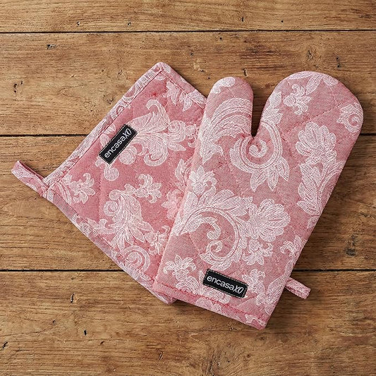 Encasa XO Heat Resistant 100% Cotton Oven Glove & Potholder Set with Loop, Kitchen Cooking Mittens, Microwave Safe Hot Pads (Floral Red)