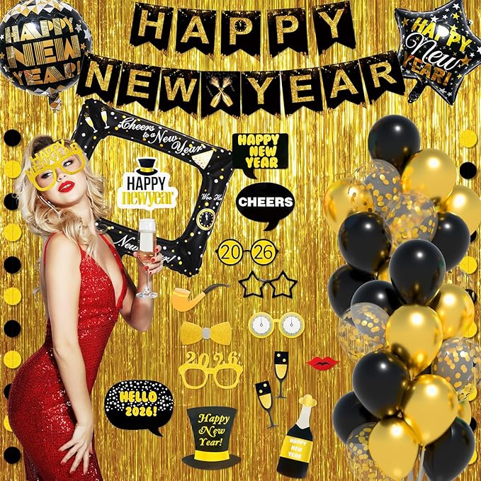 Happy New Year Decorations 2026 - New Year Eve Party Supplies with Glitter Fringe Curtain/ new Years Eve Balloons/ Happy new year Banner Foil Balloons/ 1 Sets Photo Booth Props & Dots Garlands