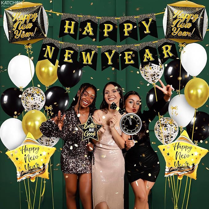 KatchOn, New Years Eve Party Supplies 2026 - Huge, Set of 76 | Black and Gold Happy New Year Banner, 2026 Balloon Numbers | New Year Foil Balloons, New Years Photo Booth Props | NYE Decorations 2026